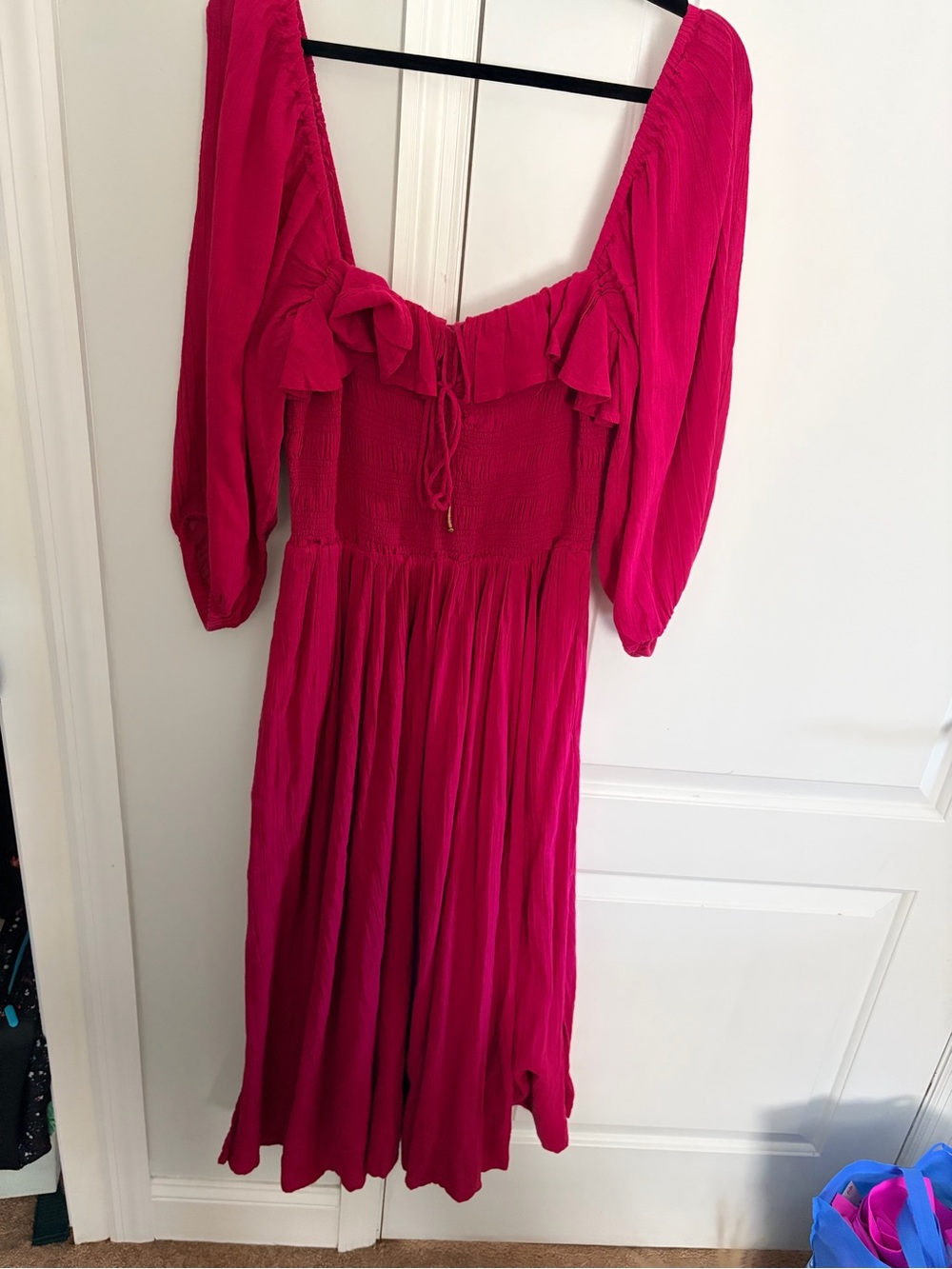 Free People Oasis Fuchsia Smocked Midi Dress with Puff Sleeves